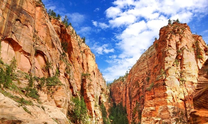 See the beautiful open blue skies and amazing rock formations of Zion National Park